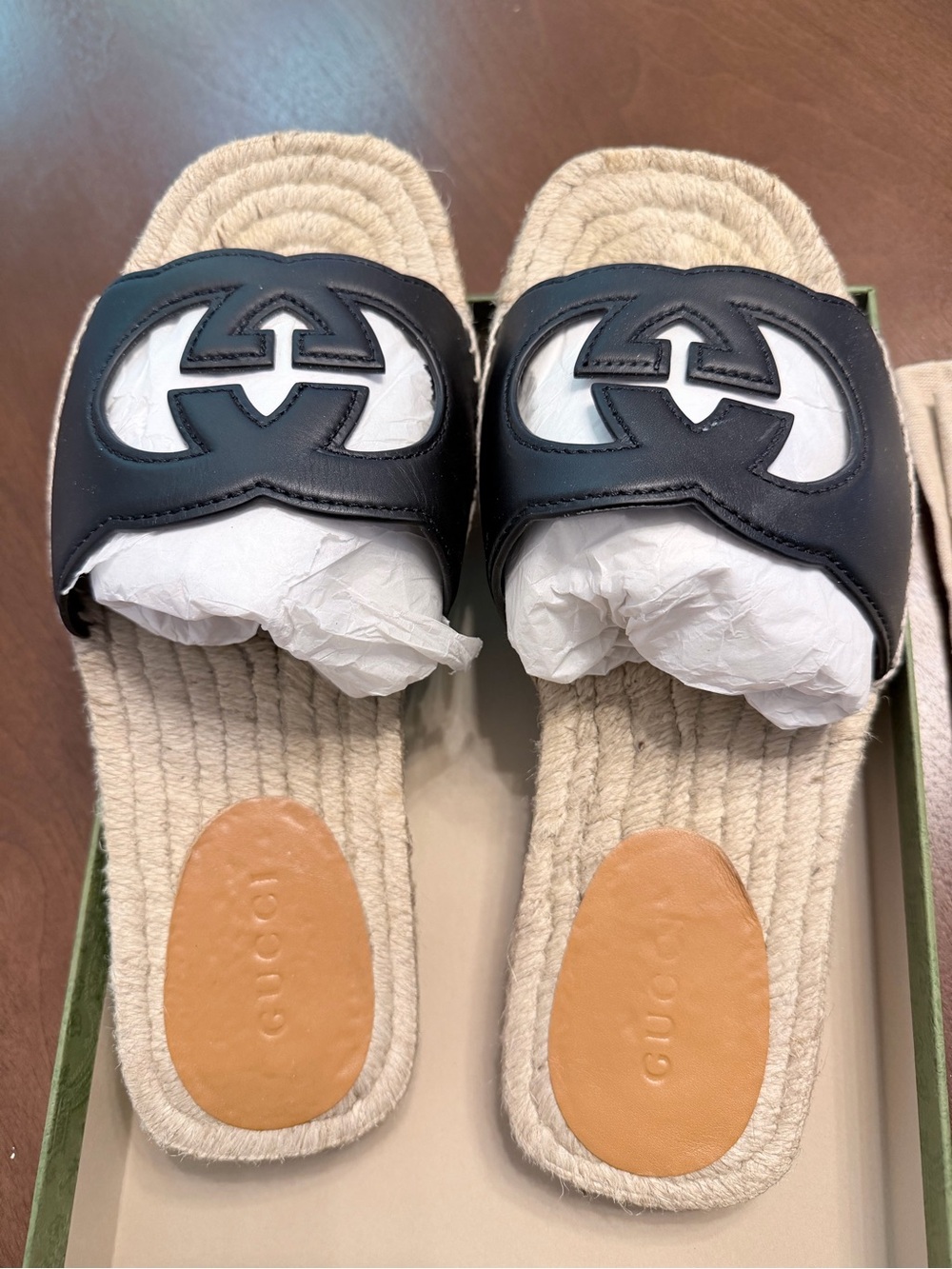 Gucci Black Leather Logo Espadrille Slide Sandals- Men’s UK 7, women’s 41